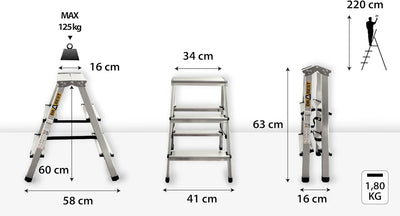 Drabest Aluminium Trittleiter Leiter beidseitig begehbar, 2x3 Stufen, 125kg, 2x3 Stufen