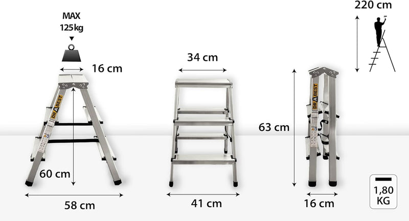 Drabest Aluminium Trittleiter Leiter beidseitig begehbar, 2x3 Stufen, 125kg, 2x3 Stufen