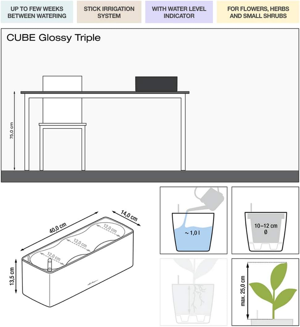 Lechuza Cube Glossy Triple, Weiss, Lackierte Oberfläche, Hochwertiger Kunststoff, Stick-Bewässerungs