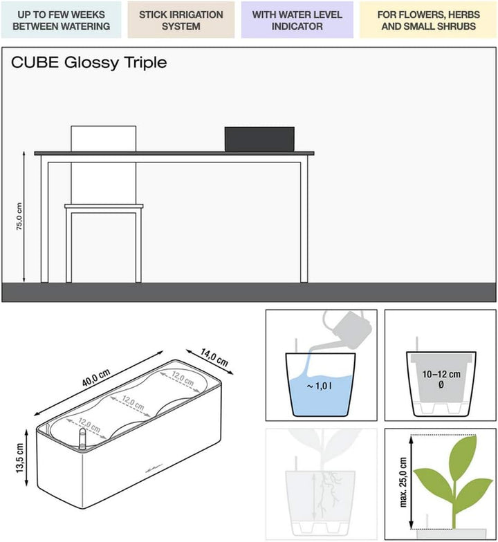 Lechuza Cube Glossy Triple, Weiss, Lackierte Oberfläche, Hochwertiger Kunststoff, Stick-Bewässerungs