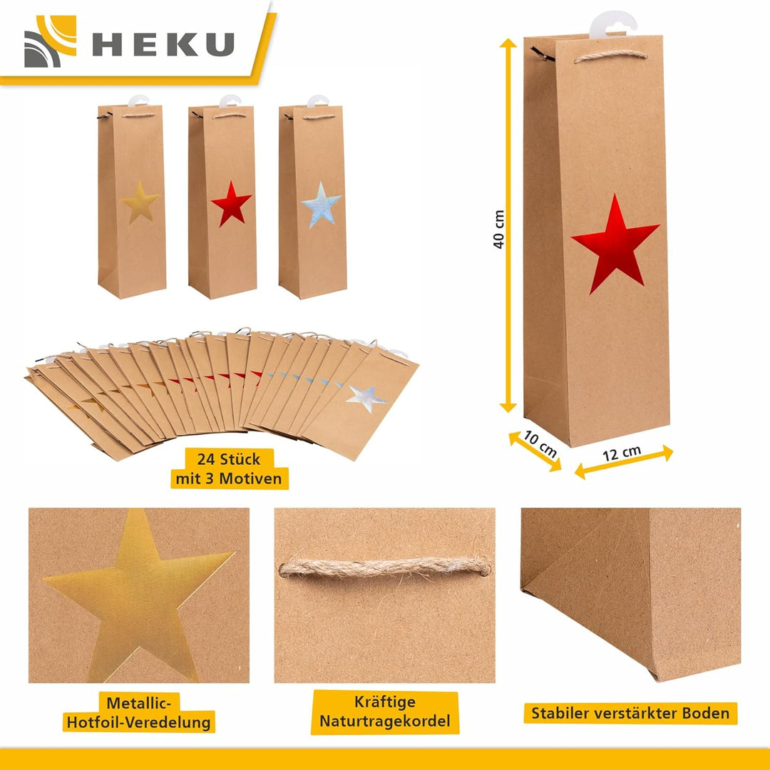 HEKU Weihnachts-Flaschentaschen mit stilvollem Stern-Motiv, 24 Stück, 3 Farben (rot, silber, gold),