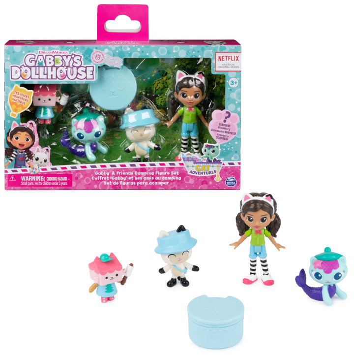 Gabby's Dollhouse, Camping Figuren Set, Gabby mit Panda Pfötchen, Baby Box und Meerkätzchen sowie 1