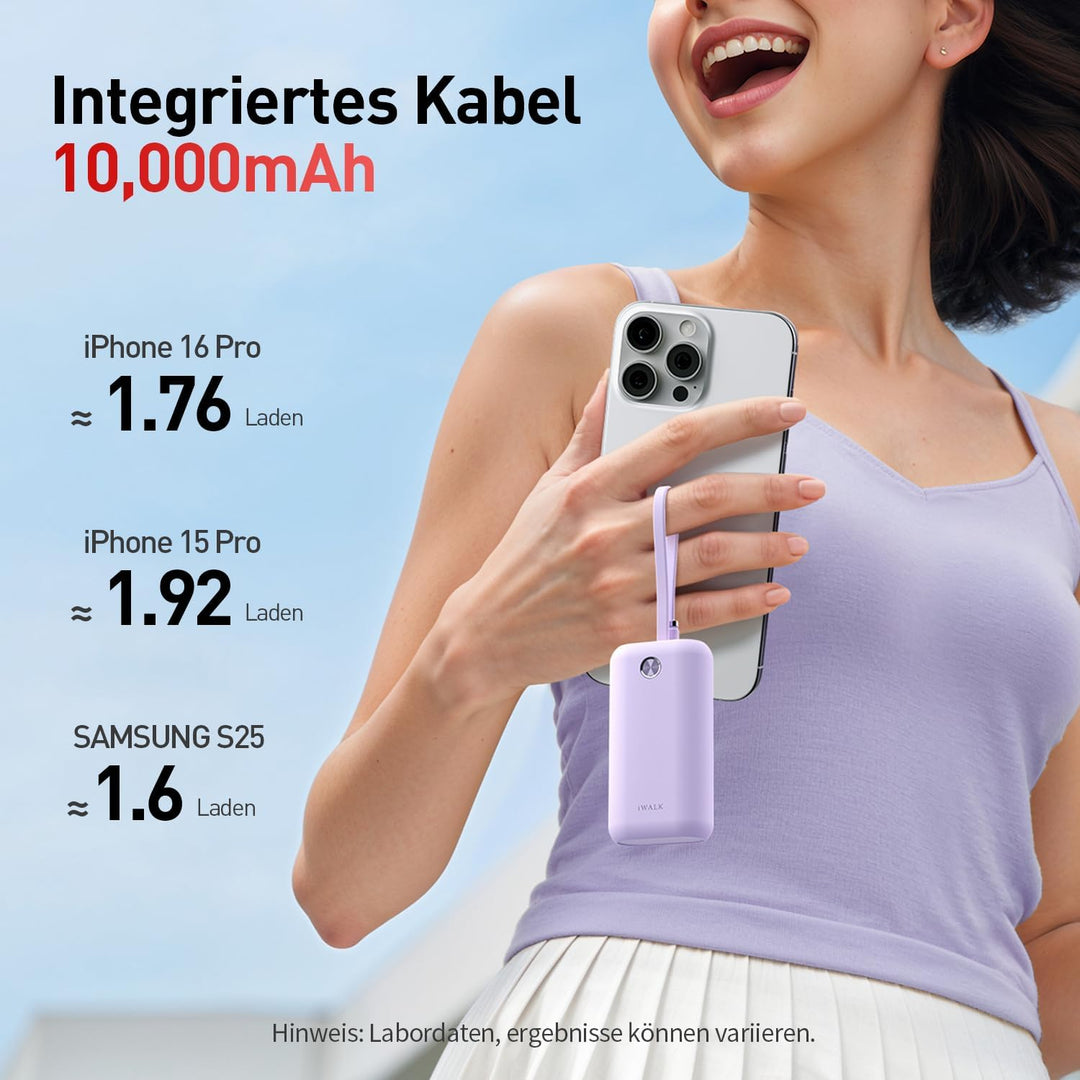 iWALK Mini Tragbares Ladegerät 10000 mAh, 22,5W USB-C Powerbank mit integriertem Kabel, Ultra-kompak