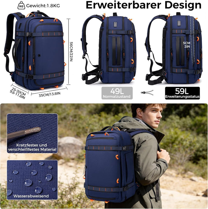 Fenree.geer Reiserucksack, Handgepäck Rucksack, Laptop Rucksack für 18.4 Zoll, Erweiterbar 49 L auf