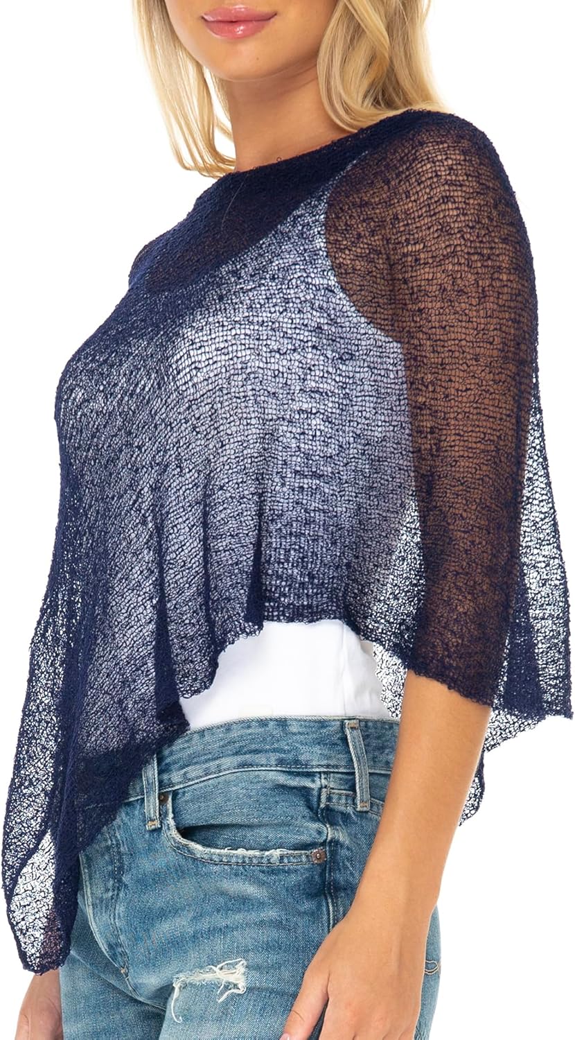 SHU-SHI - Damen Poncho-Top - transparent - leichtes Strickmaterial Dunkelblau, Dunkelblau