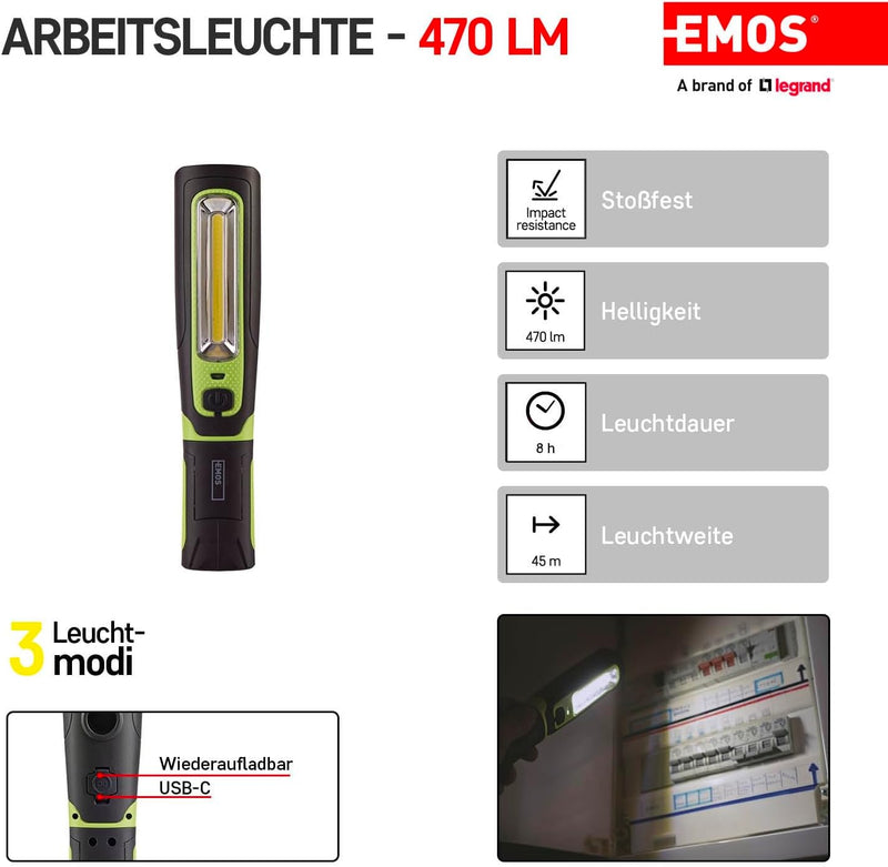 EMOS LED-Arbeitsleuchte, aufladbare Werkstattlampe mit knickbarem Haltefuss, Haken und Magnet, 470 l