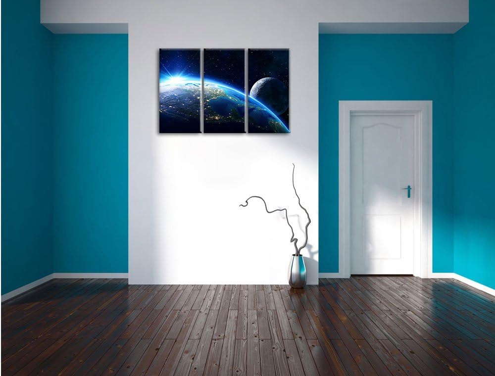 Pixxprint Erde und Ihr Mond aus dem All als Leinwandbild | Grösse: 3 Teilig (120x80) | Wandbild| Kun