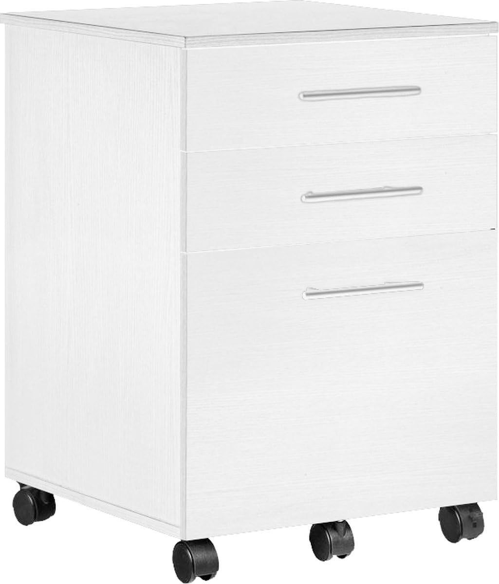 Rollcontainer mit 3 Schubladen, Aktenschrank auf Rollen für Büro & Home Office (Weiss), Weiss