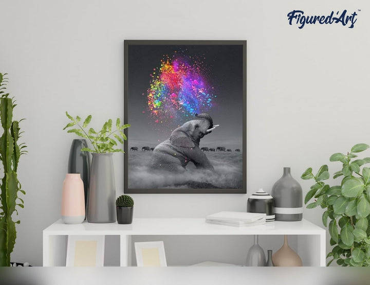 Figured'Art Malen Nach Zahlen Erwachsene Mit Rahmen Elefant und Farbexplosion - Paint by Numbers Bas