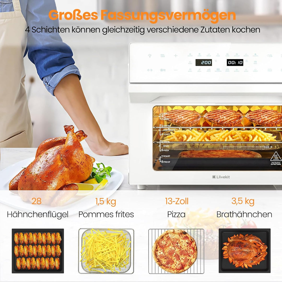 LLIVEKIT 30L Heissluftfritteuse XXL, Minibackofen Umluft mit 20 Programme | 9 Zubehör, Mini Backofen