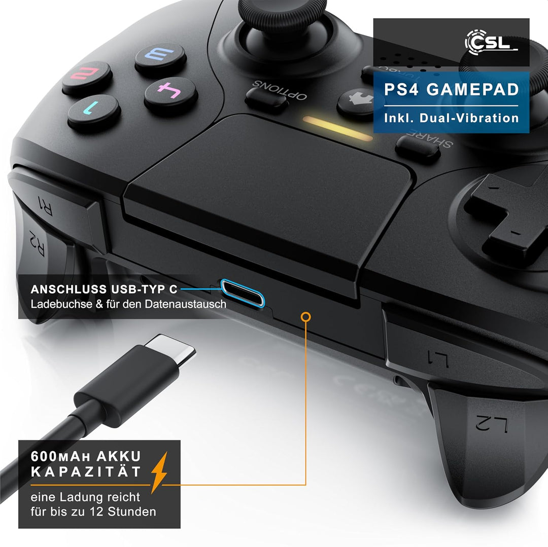 CSL - Wireless Gamepad für PC und PS4 - PC Anschluss - Wireless Controller - Dual Vibration - Headse