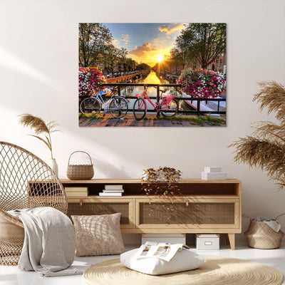 Bilder auf Leinwand 100x70cm Leinwandbild Bikes Kanal Amsterdam Architektur Gross Wanddeko Bild Schl