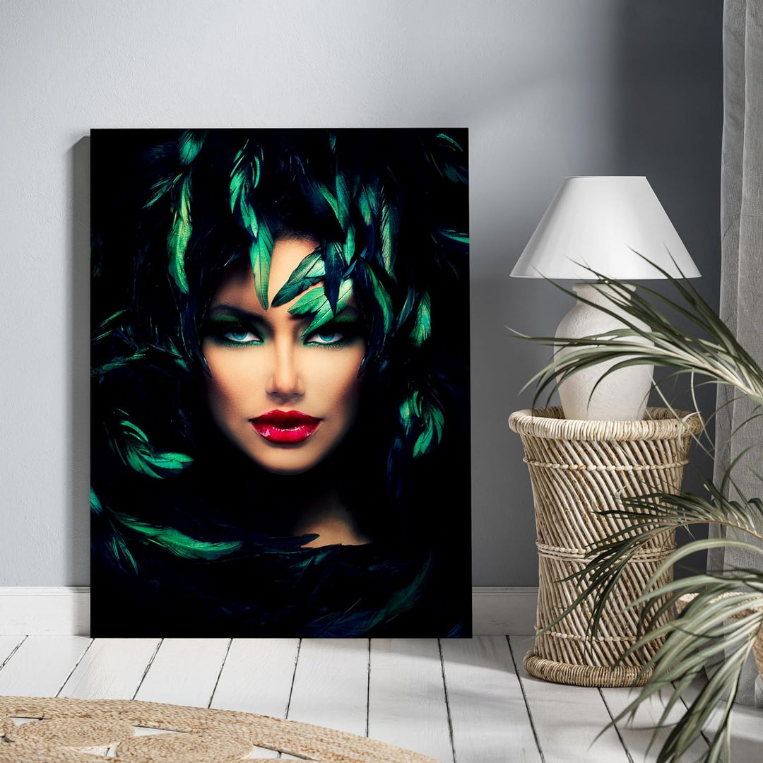 wandmotiv24 Model Motiv als Leinwandbild, 80x60cm, Hochformat, Frau im Dschungel, Pflanzen, rote Lip