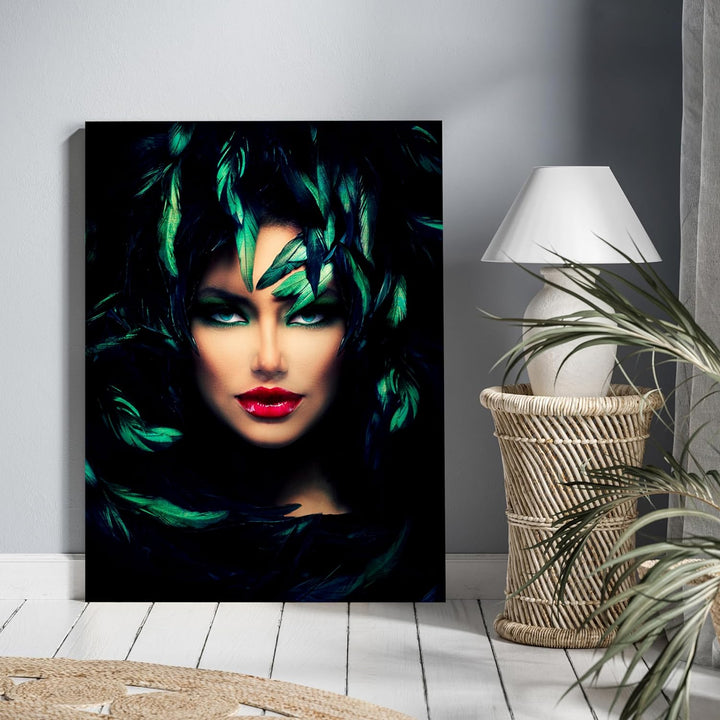 wandmotiv24 Model Motiv als Leinwandbild, 100x75cm, Hochformat, Frau im Dschungel, Pflanzen, rote Li