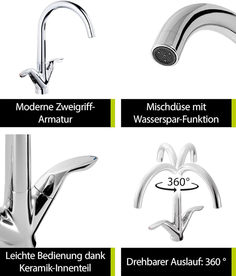 aquaSu® Spültischarmatur Amori mit Wasserspar-Mischdüse, Zweigriffmischer, hoher Auslauf, Keramikkar