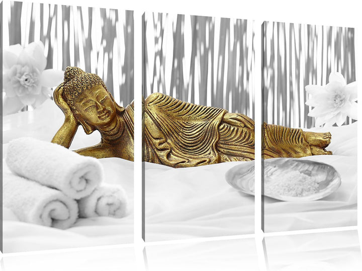 Pixxprint Goldener Buddha auf Handtuch als Leinwandbild/Grösse: 3 Teilig (120x80) cm/Wandbild/Kunstd