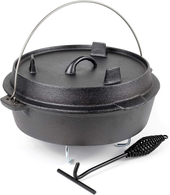Dutch Oven 6l mit Untersetzer und Deckelheber, Kochtopf aus Gusseisen für Lagerfeuer und Camping