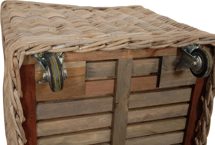 Grosser Rollkorb mit Griffen / Holzkorb mit Rollen aus grauem Natur Rattan / Aufbewahrung Holz-Wagen