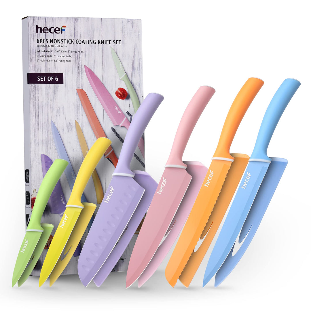 hecef 6 Teilig Messer Set, Küchenmesser Set Bunte Non-Stick, Scharfe Messerset Edelstahl, Profi Koch