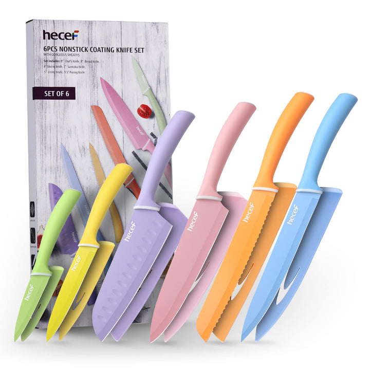 hecef 6 Teilig Messer Set, Küchenmesser Set Bunte Non-Stick, Scharfe Messerset Edelstahl, Profi Koch