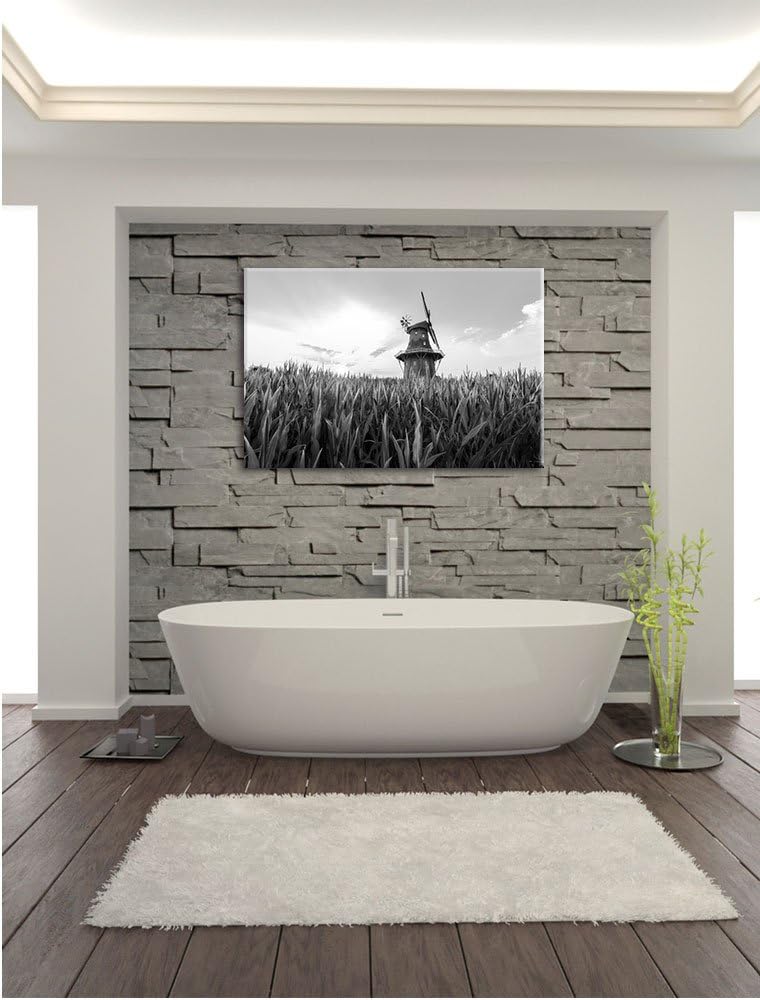 Pixxprint Windmühle auf dem Feld / 100x70cm Leinwandbild bespannt auf Holzrahmen/Wandbild Kunstdruck