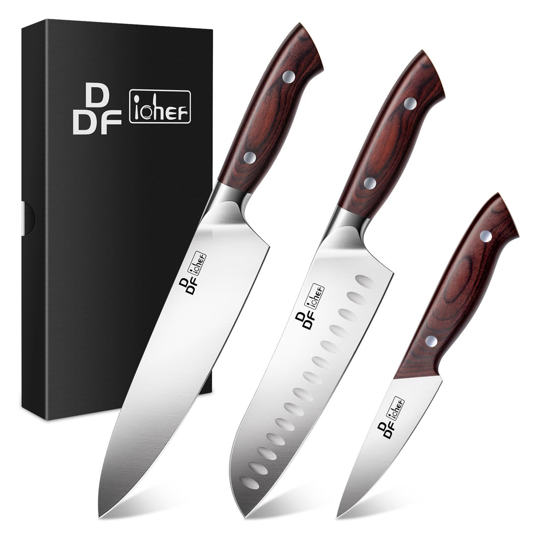 DDF iohEF Küchenmesserset 3 tlg, Messerset Santoku Meser Kochmesser Schälmesser Gemüsemesser Obstmes