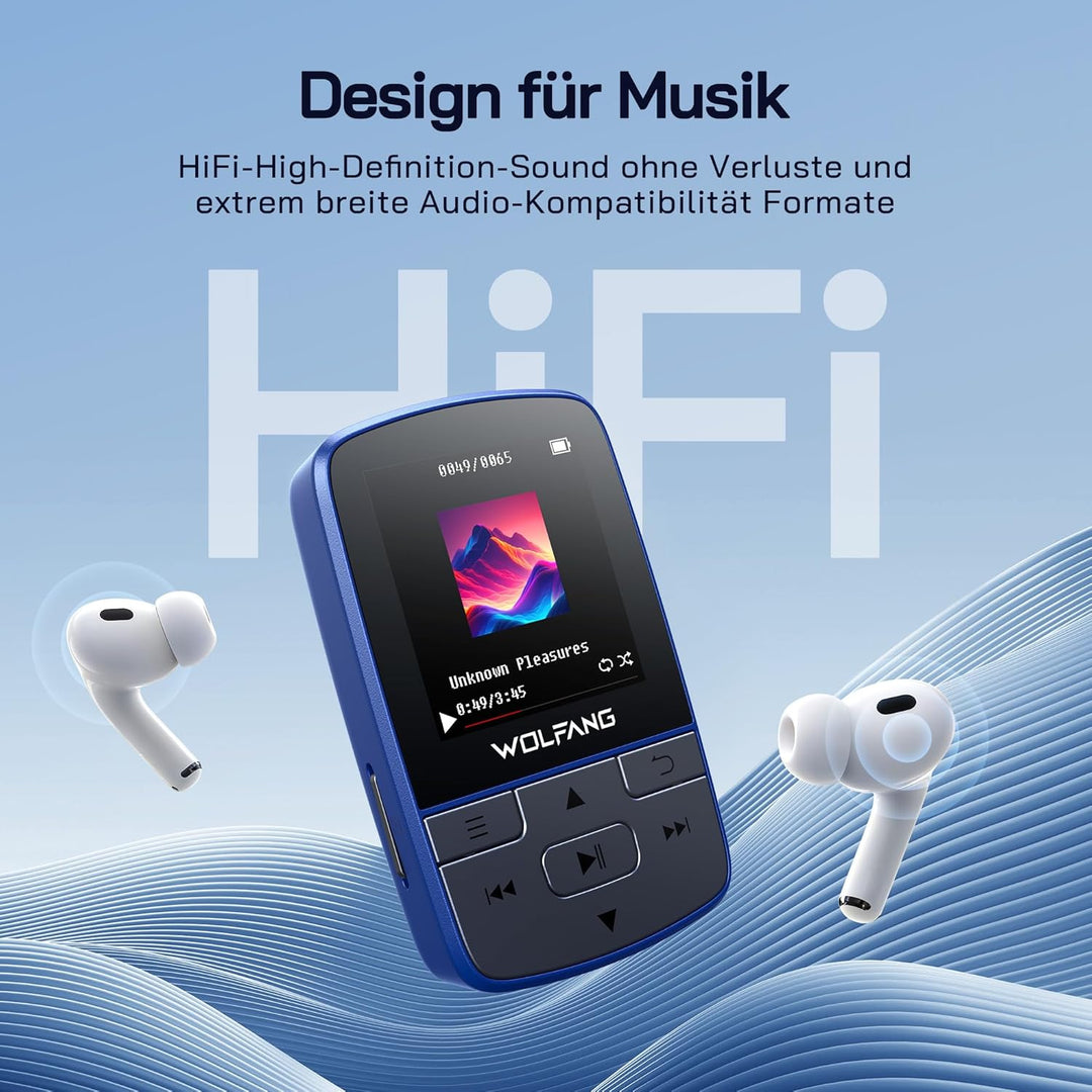 WOLFANG 64 GB MP3-Player mit Bluetooth 5.2, Sportclip, Mini-Grösse, Gewicht 28,3 g, HiFi FM-Radio, D