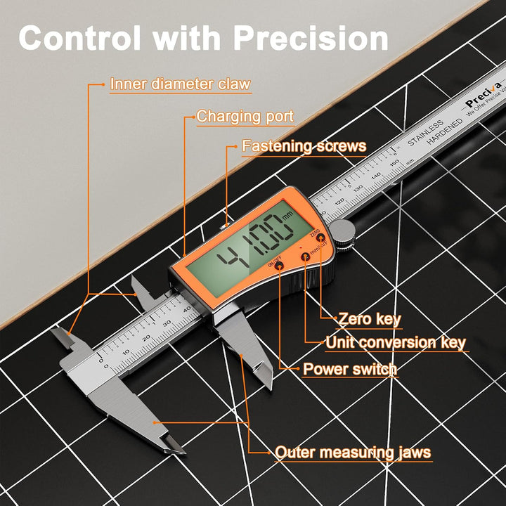 Preciva 150mm Digitaler Messschieber, Digitale Schieblehre Edelstahl Wiederaufladbar IP54 - Wasserdi