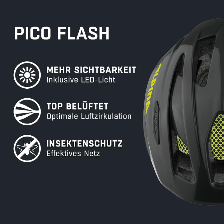 ALPINA PICO FLASH - Beleuchteter, Leichter & Bruchfester Fahrradhelm Mit Fliegennetz Für Kinder blac