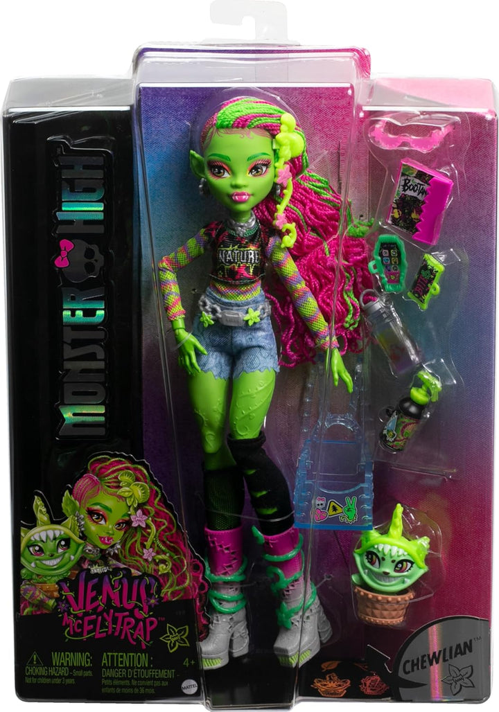 Monster High Venus McFlytrap-Puppe mit Pflanzenmonstertier Katze Chewlian und Zubehör wie Rucksack,