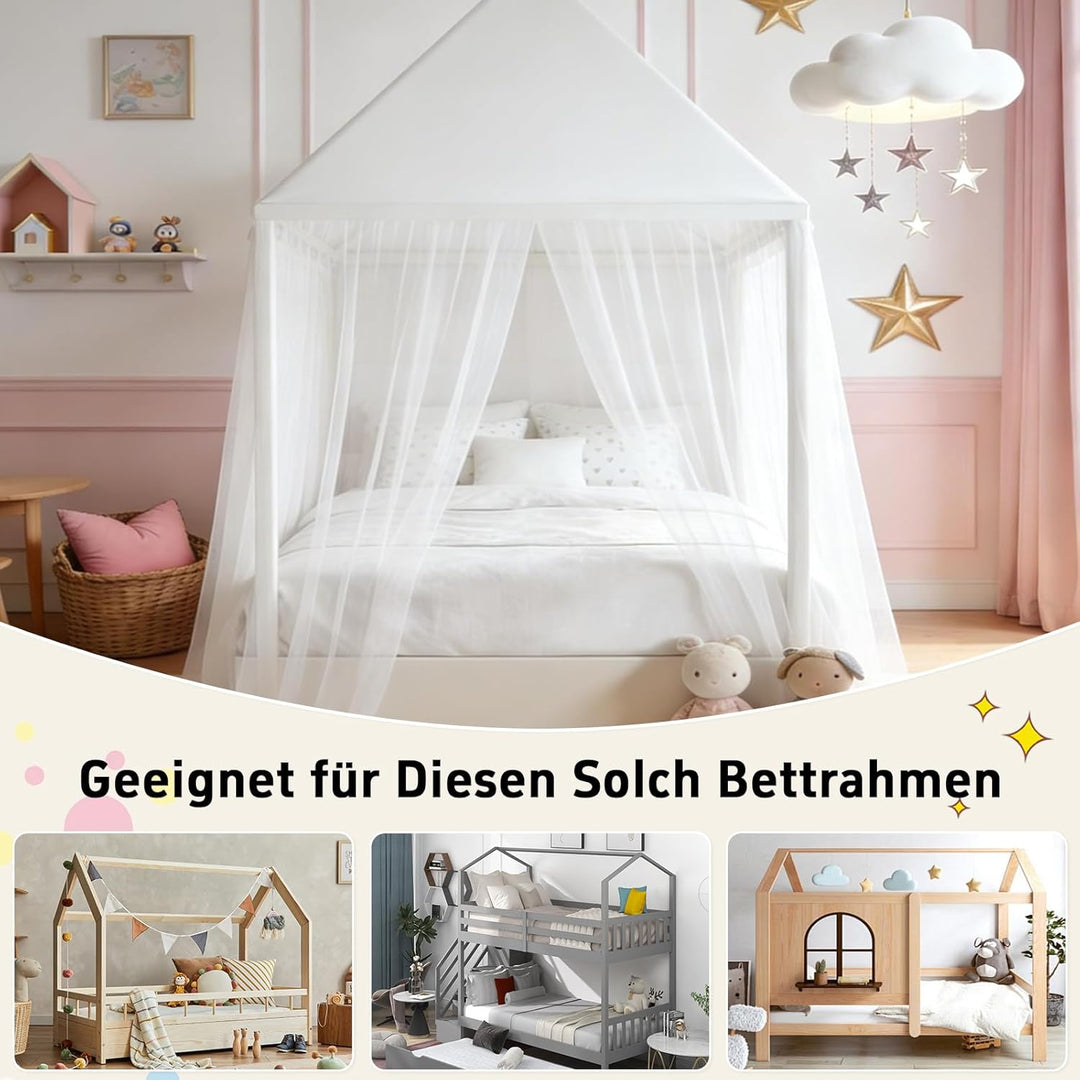 GFCC Prinzessinnen Bettvorhang für Hausbett mit rechteckigem Dach, Weiss Himmelbett Moskitonetz Bald