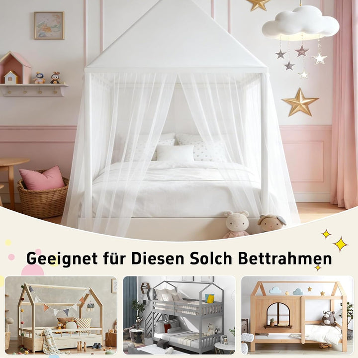 GFCC Prinzessinnen Bettvorhang für Hausbett mit rechteckigem Dach, Weiss Himmelbett Moskitonetz Bald