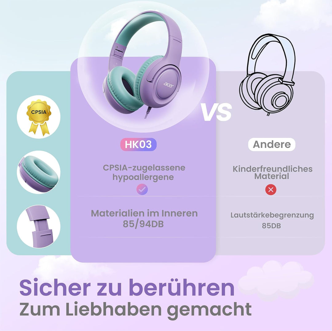 Acer Kopfhörer mit Kabel, Kopfhörer Kinder mit 85/94 dB Lautstärkebegrenzung, Over Ear Faltbare 3.5