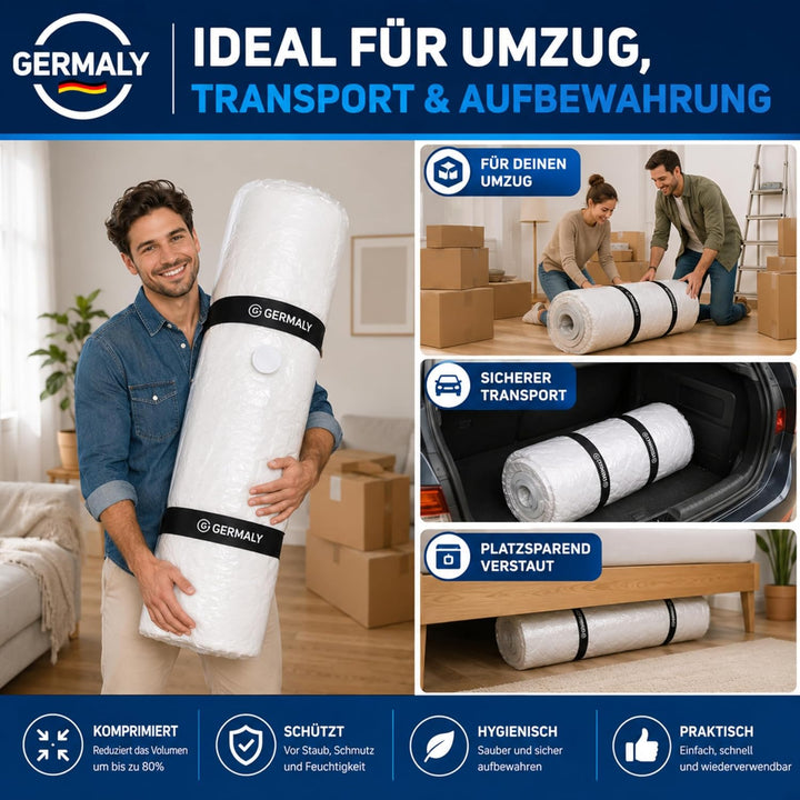 Matratzen Vakuumbeutel 220x240 cm für Einzelmatratzen bis 230x210 cm mit Kompressionsgurten & Ventil