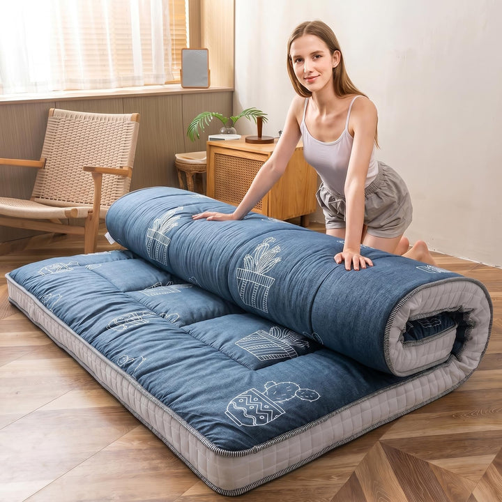 MAXYOYO Graue Futon-Matratze mit Kaktus-Muster, japanische Bodenmatratze, Doppelbettgrösse, gesteppt