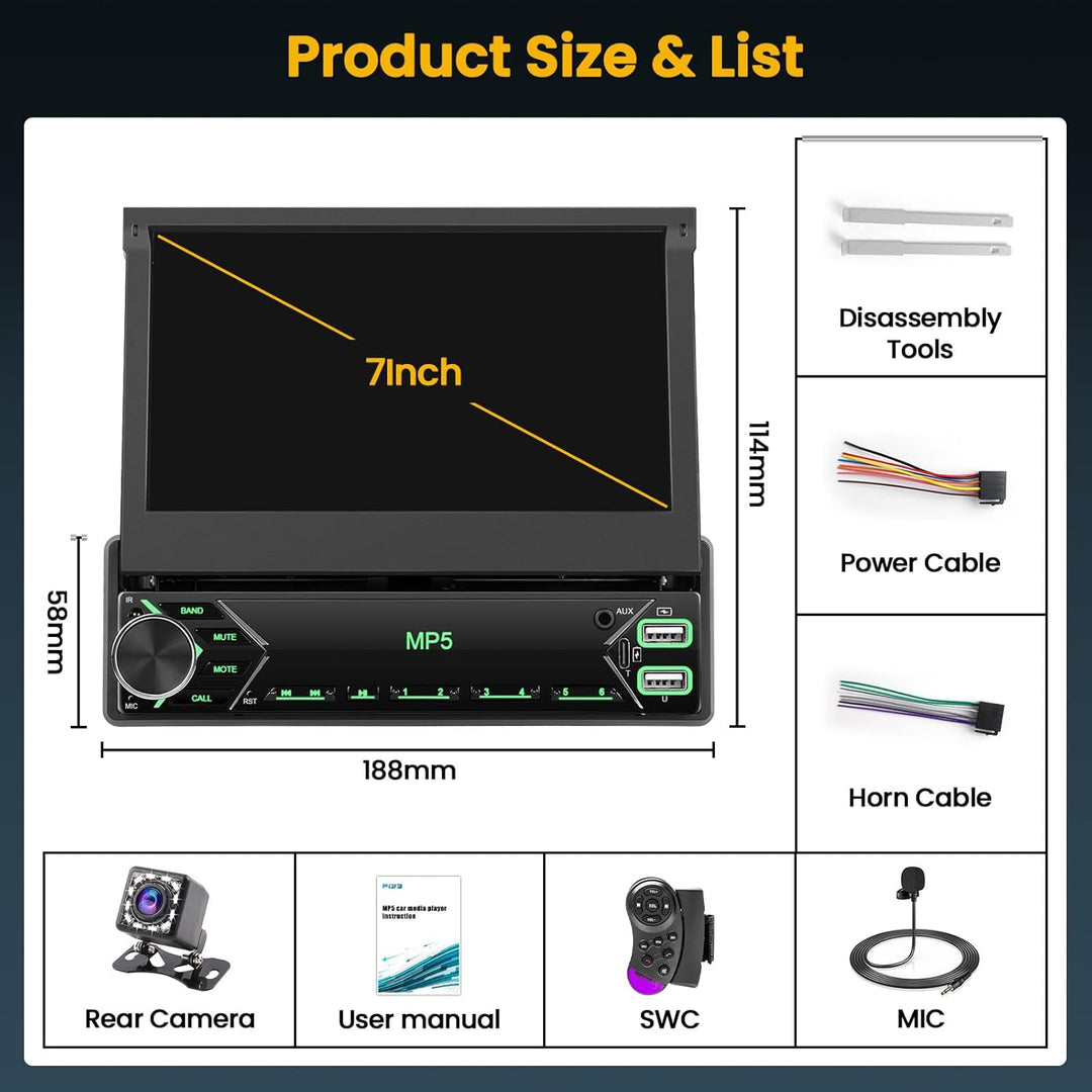 Hikity 1 Din Autoradio mit 7 Zoll Flip Out Motorisierte Touchscreen Autoradio mit Bluetooth Radio Rü
