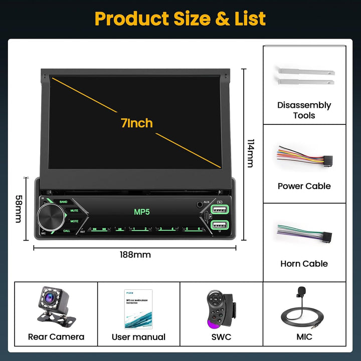 Hikity 1 Din Autoradio mit 7 Zoll Flip Out Motorisierte Touchscreen Autoradio mit Bluetooth Radio Rü