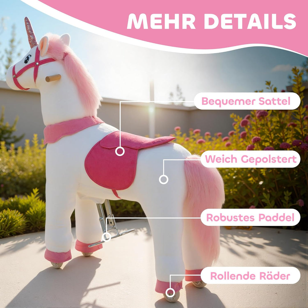 AIYAPLAY Reitpferd auf Rollen Spielpferd zum Reiten Stehpferd mit Einhorn-Design, Plüschpferd für 4-