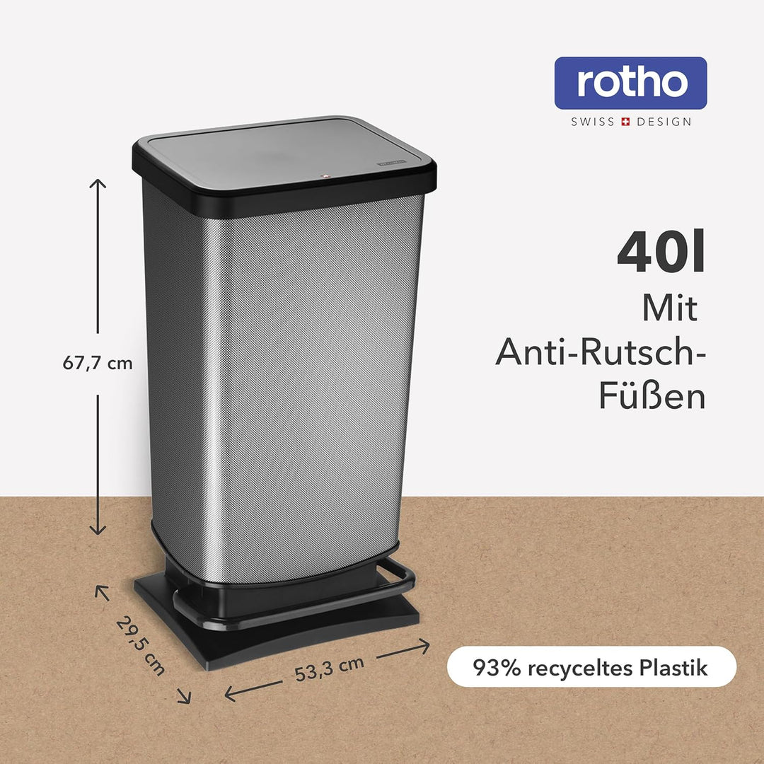 Rotho Paso Mülleimer 40l mit Pedal und Deckel, Kunststoff (PP) BPA-frei, carbon metallic, 40 Liter C
