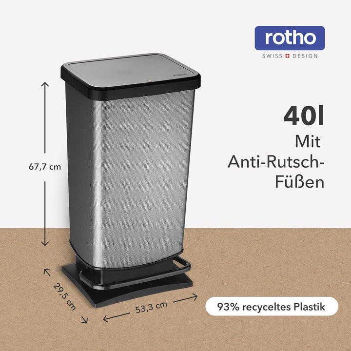 Rotho Paso Mülleimer 40l mit Pedal und Deckel, Kunststoff (PP) BPA-frei, carbon metallic, 40 Liter C