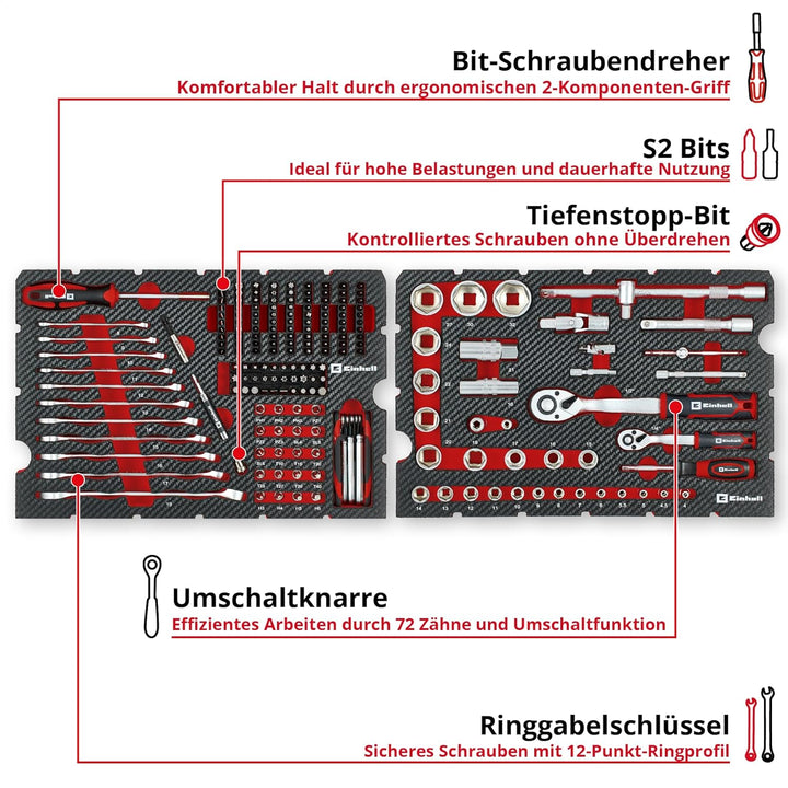 Original Einhell Werkzeugkoffer Mechanik E-Case 201-tlg. (Allrounder, Bit-Zubehör, Stecknuss-Set, Um