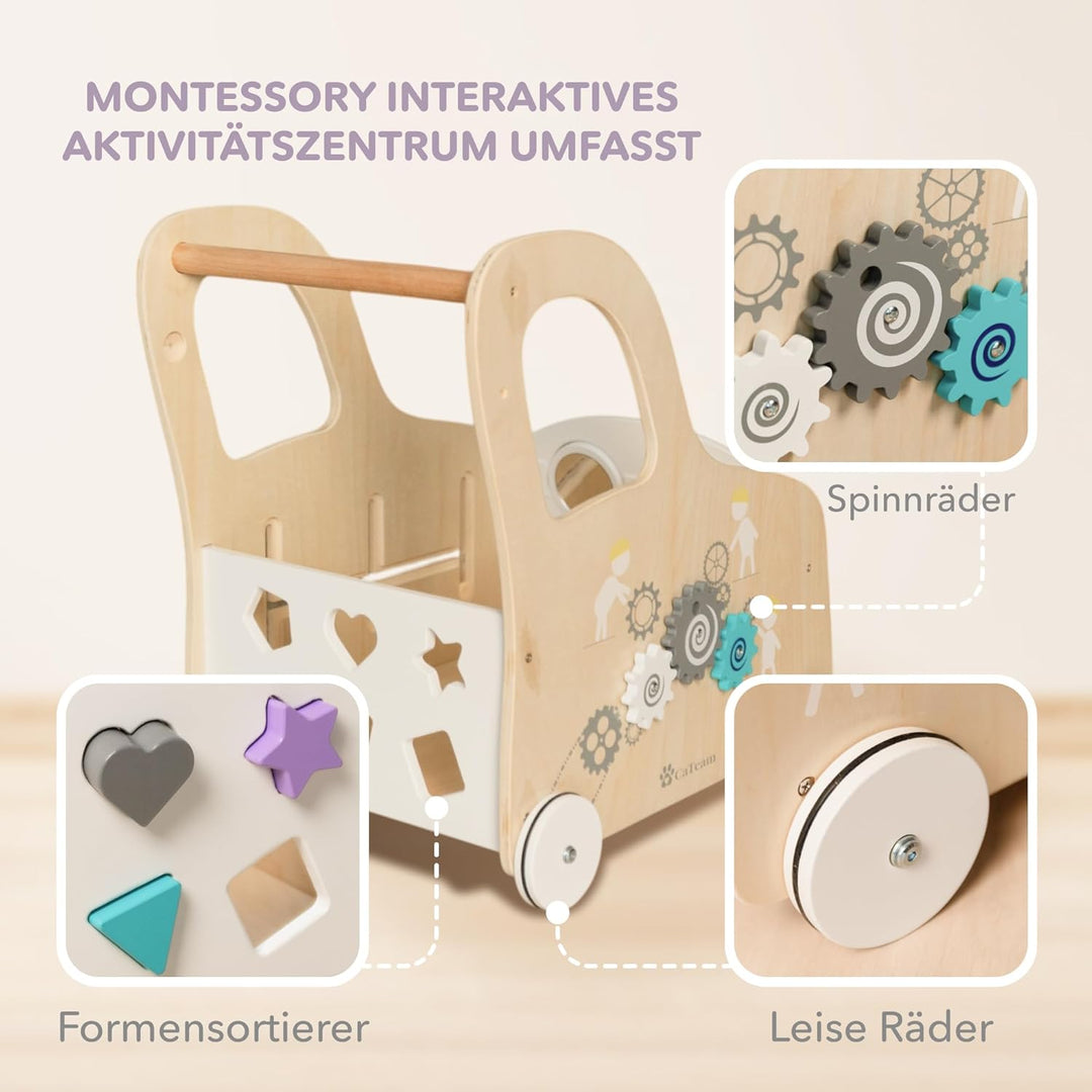 Cateam Lauflernwagen Baby mit rädern - Holzspielzeug mit Lauflernhilfe, Motorikwürfel und Gehfrei -