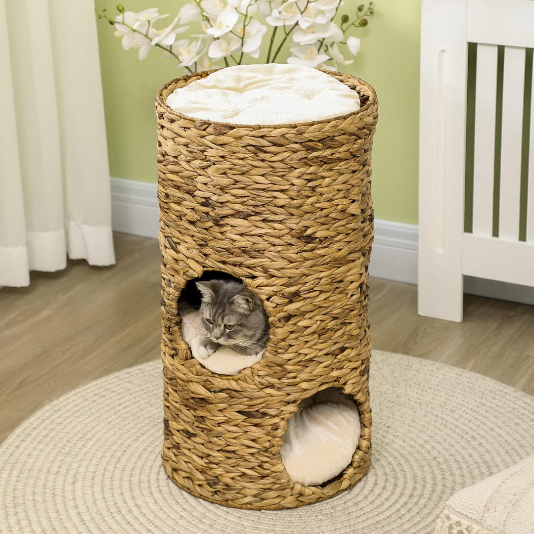 PawHut Kratztonne, 73 cm hoch Katzentonne mit 3 Höhle, Kratzbaum mit Kissen, Katzenturm aus Wasserhy