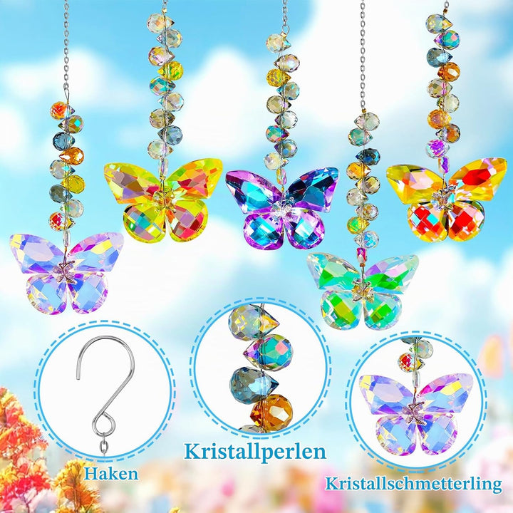 5 Stück Sonnenfänger Kristall Windspiel Fenster Anhänger Schmetterling Regenbogen Kristalle Deko Fen