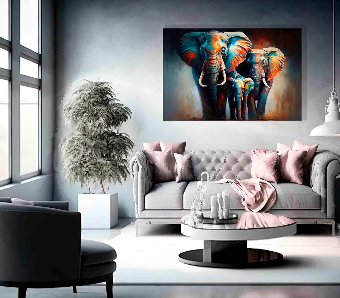 Artley Prints - Elefantenfamilie in der Wildnis, bunte Leinwand-Wandkunst für Wohnzimmer, gerahmt, a