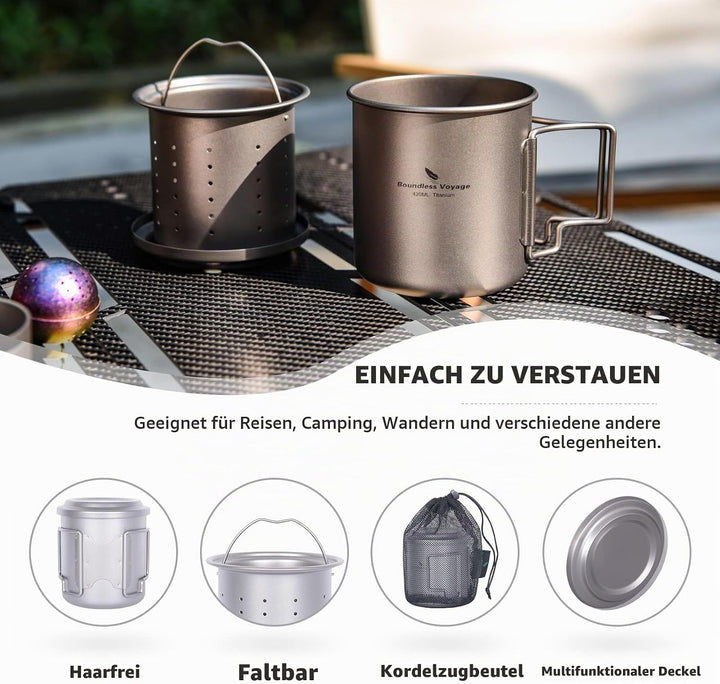 iBasingo 420ml / 14.2 fl oz Titan Becher mit Teesieb und Deckel Leichte Tasse mit Filter Outdoor Cam
