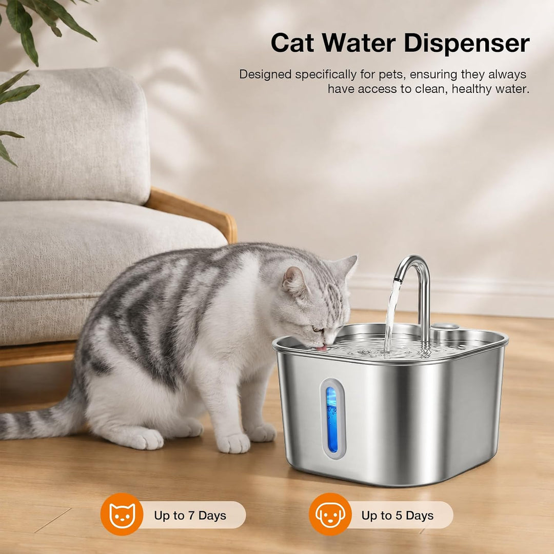 Katzenbrunnen Edelstahl, 2.2L Trinkbrunnen für Katze mit Sichtfenster Leise Pumpe, Vierfaches Filter