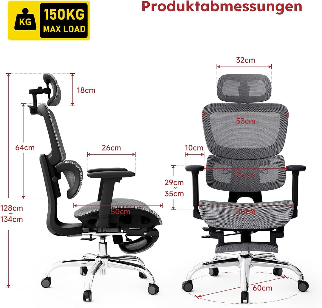 Ergonomischer Bürostuhl Voll-Mesh mit Abnehmbarem Kissen, Fussstütze, Höhenverstellbarem Rückenlehne