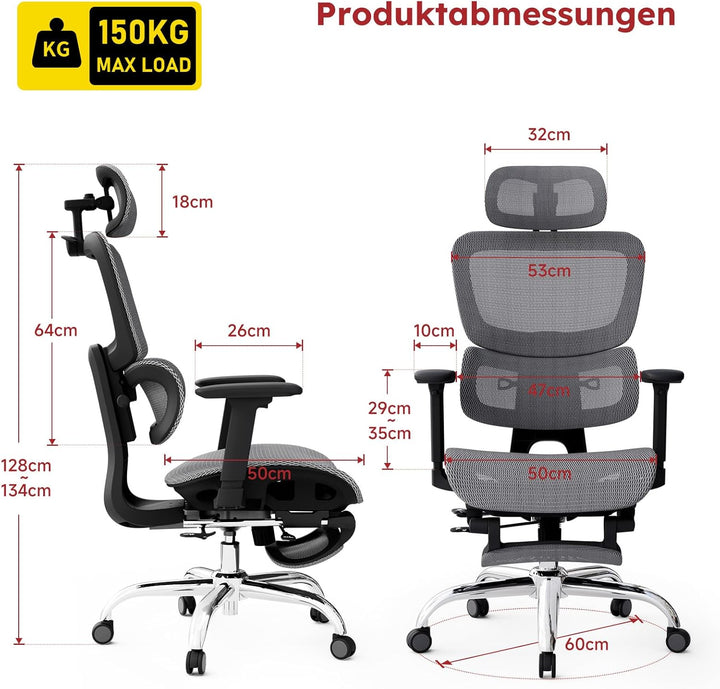 Ergonomischer Bürostuhl Voll-Mesh mit Abnehmbarem Kissen, Fussstütze, Höhenverstellbarem Rückenlehne