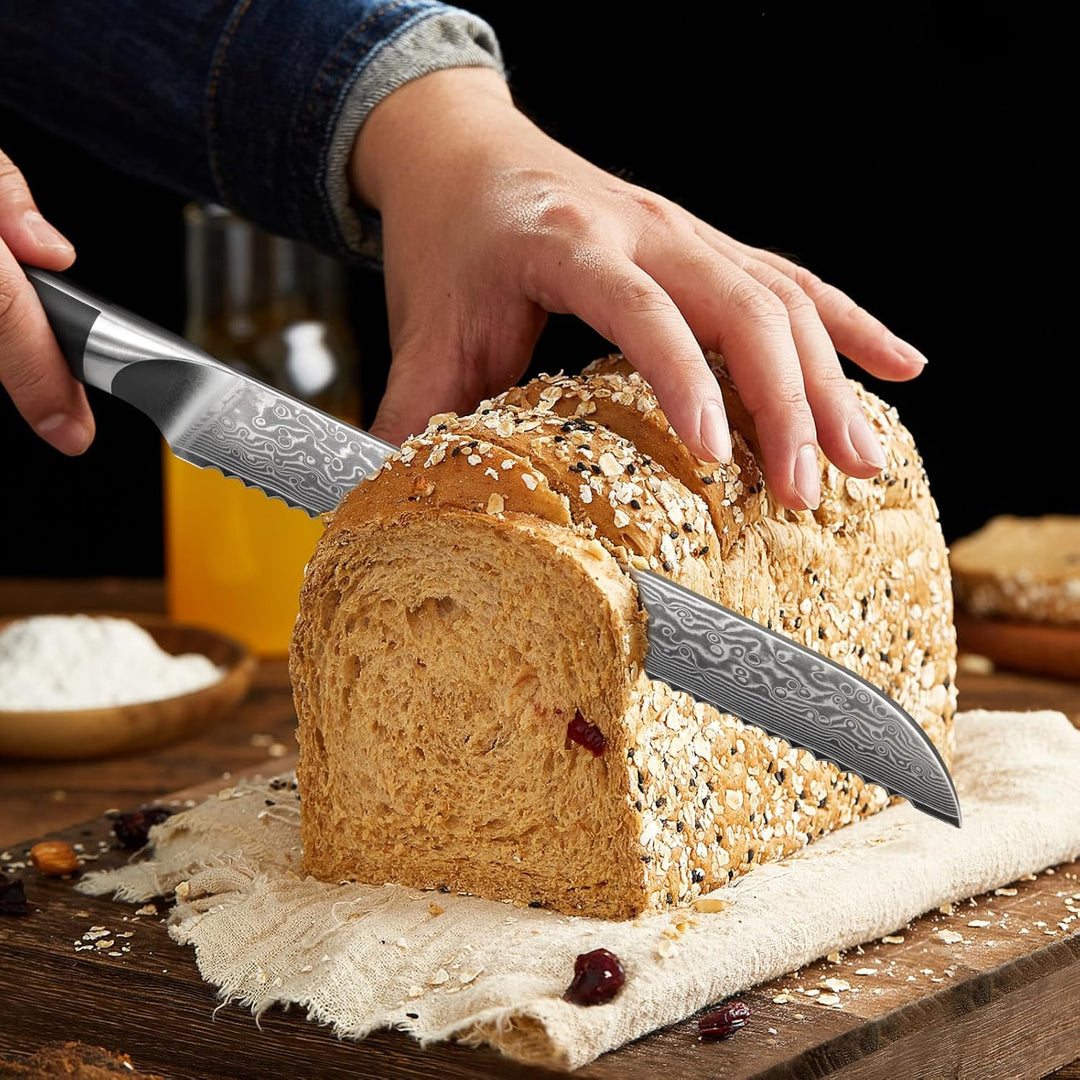 SHAN ZU 20 cm Damast Brotmesser mit Wellenschliff, 67 Lagen Japanischer Damaststahl, Kuchenmesser au